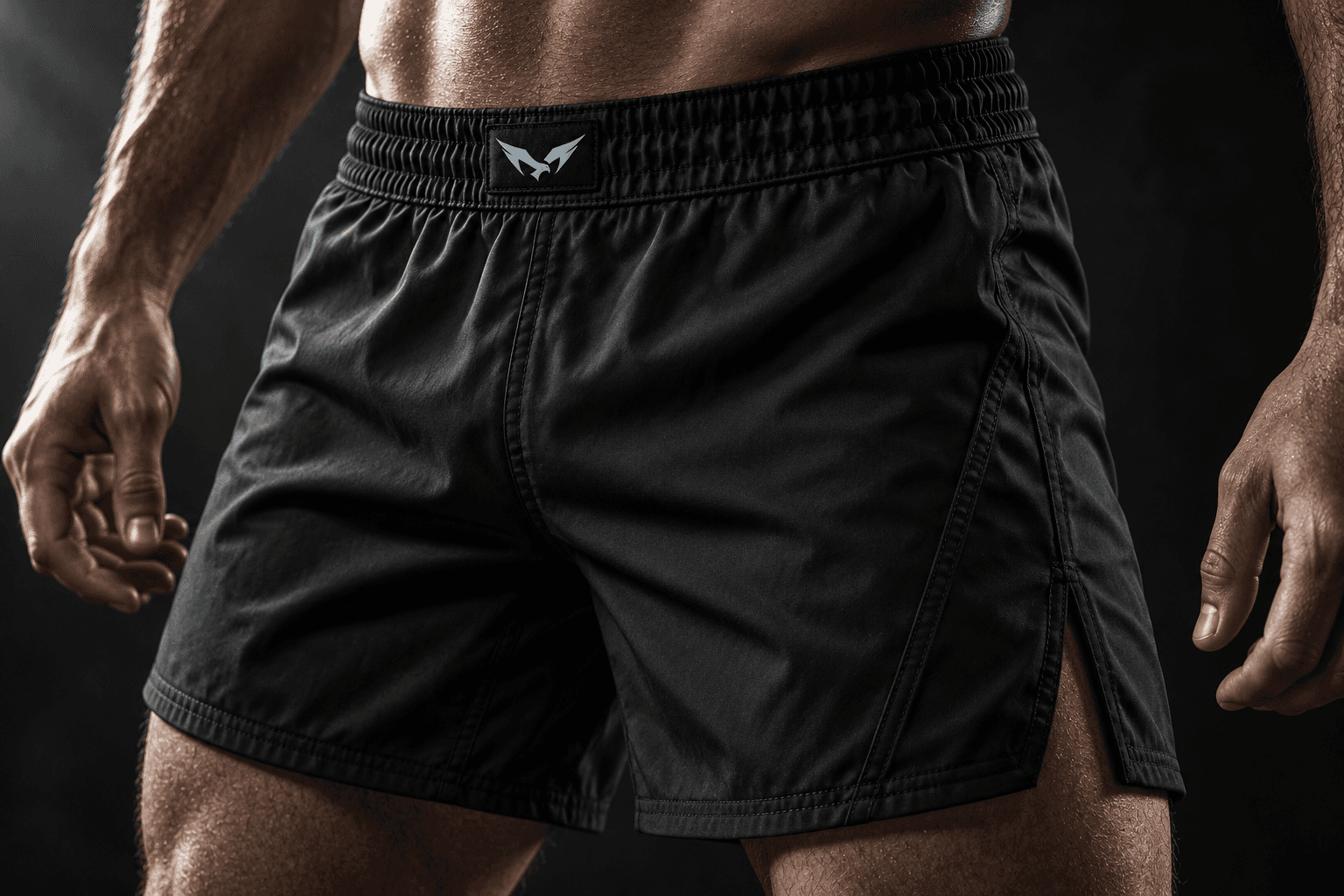 Visual study of black fight shorts with a glacier-blue hawk waistband detail