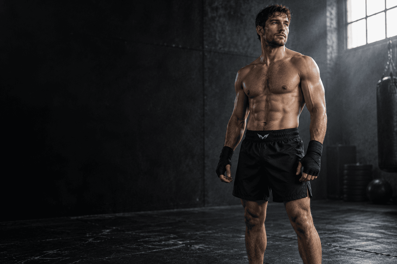 Campaign study: an athlete in black MMA shorts and hand wraps in a charcoal training studio